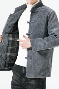0988^风羽绒服男 条绒立领中式加厚保暖冬季外套图片