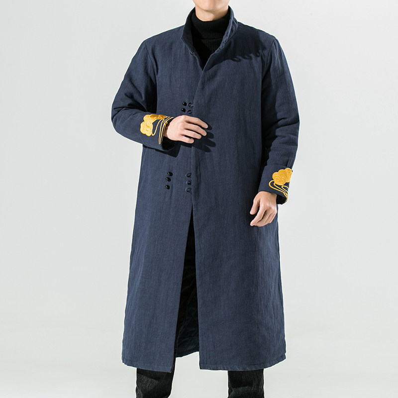 20261^2025男装长款棉服冬装外套加厚风棉袄唐装棉麻刺绣大衣,男装棉衣,钱塘777(原3023)