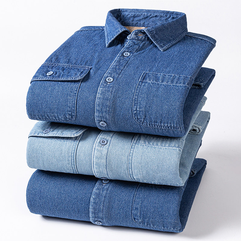 汉伟男式秋冬加绒加厚保暖牛仔衬衫牛仔衬衫男长袖棉衬衣外套男装