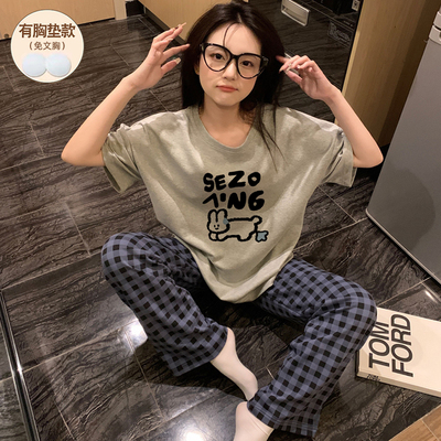 睡衣女款夏带胸垫纯棉短袖