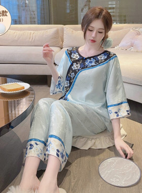 冰丝睡衣女夏带胸垫防真丝绸国风