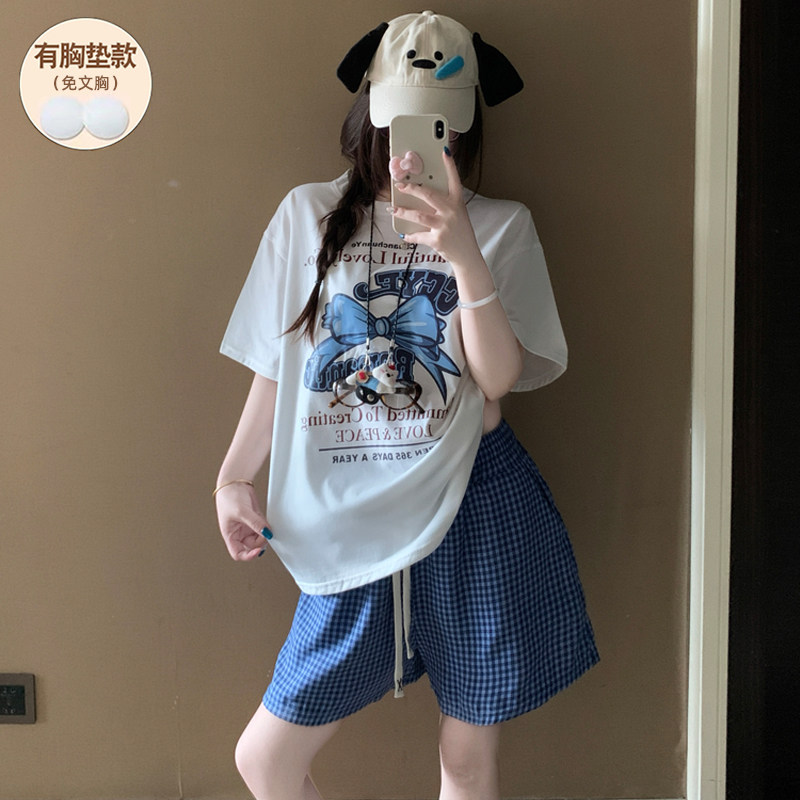 带胸垫睡衣女款夏纯棉短袖加大码可爱卡通网红风薄款套装2026新款