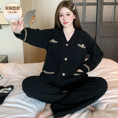 加绒加厚睡衣女款带胸垫半边绒