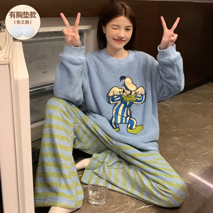 可爱唐老鸭睡衣女款冬季软绵珊瑚绒加厚带胸垫2025新款可外穿套装