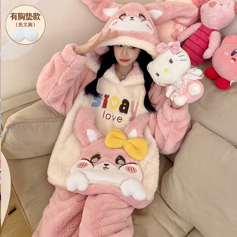 加绒加厚睡衣女款冬季保暖带胸垫珊瑚绒法兰绒2025新款套装可外穿