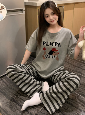 睡衣女款夏纯棉带胸垫短袖网红款