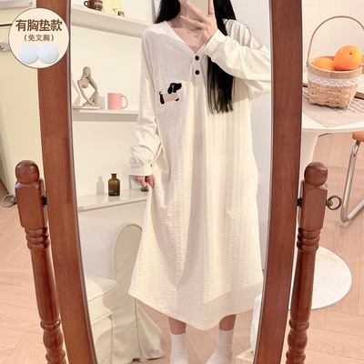 卡通腊肠狗睡裙女春秋季带胸垫纯棉长款可外穿孕妇待产裙2025新款