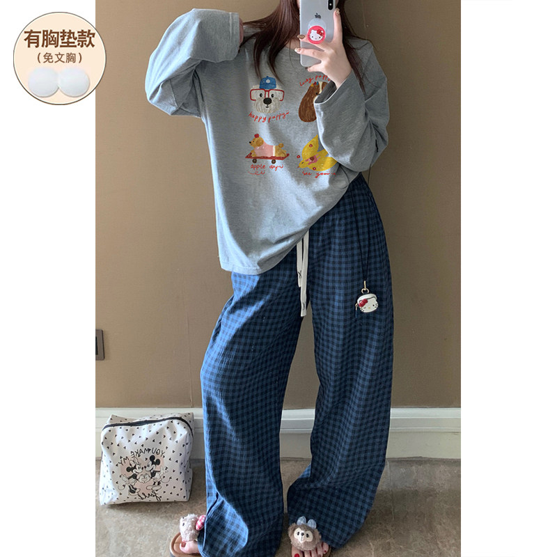 2026秋季新品纯棉睡衣女带胸垫长袖可爱卡通大码女款家居服年轻款
