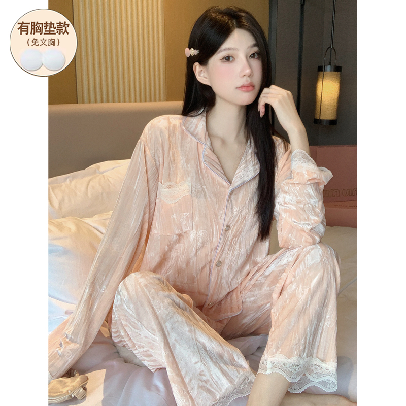秋冬季睡衣女款带胸垫钻石绒保暖