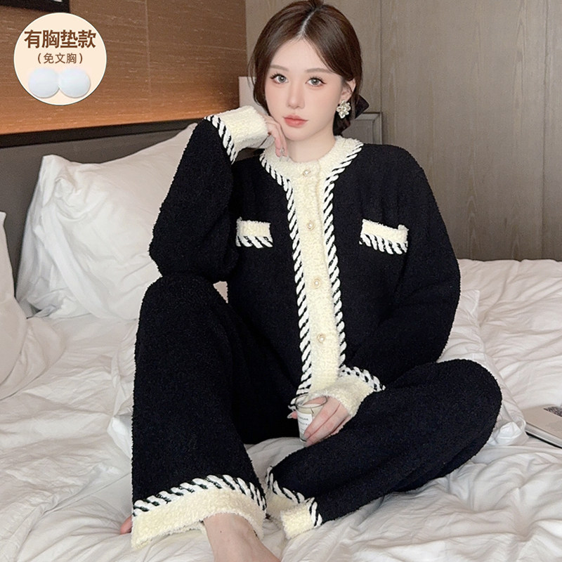 带胸垫小香风珊瑚绒睡衣女冬季半边绒针织衫抗静电家居服休闲宽松,女士内衣/男士内衣/家居服,睡衣/家居服套装,淘宝优惠券,粉丝福利购,淘宝优惠卷