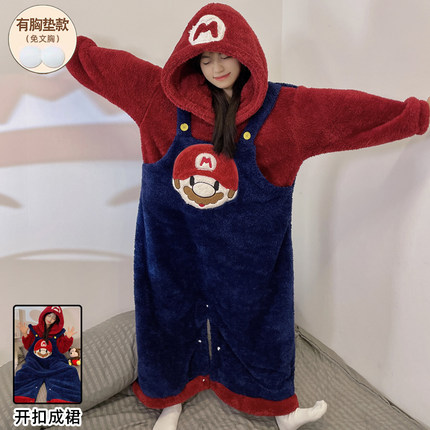 马里奥连体睡衣女冬季珊瑚绒加绒加厚带胸垫长袖家居服孕妇长款