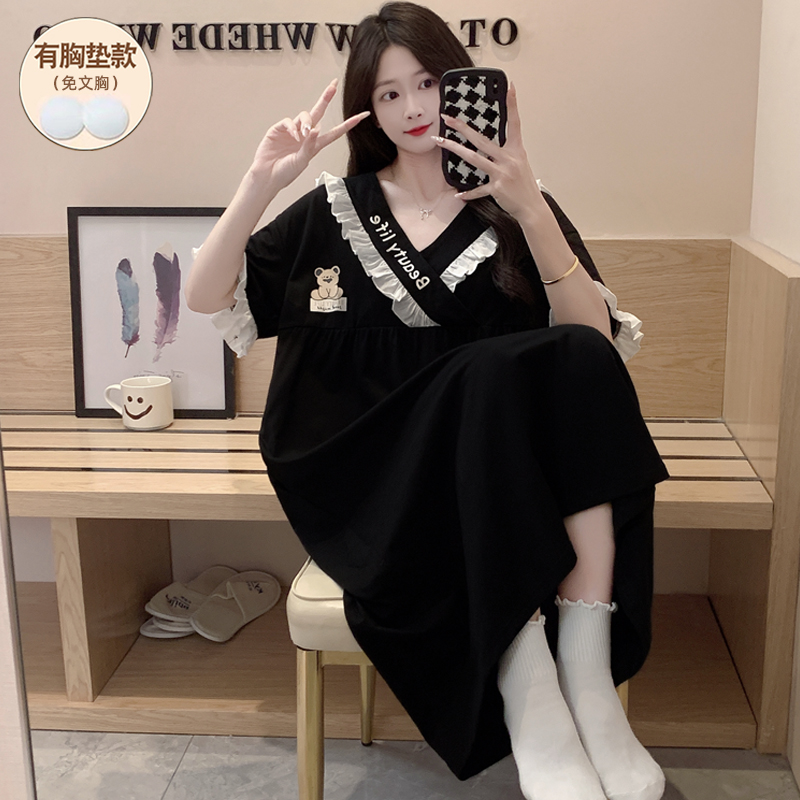 黑色长款睡裙女夏睡衣2025新款纯棉带胸垫短袖女生可爱孕妇待产裙