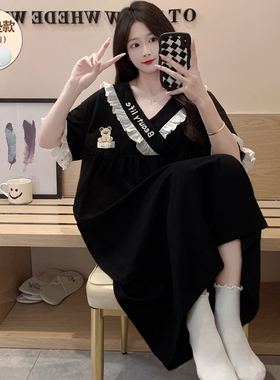 黑色长款睡裙女夏睡衣2025新款纯棉带胸垫短袖女生可爱孕妇待产裙
