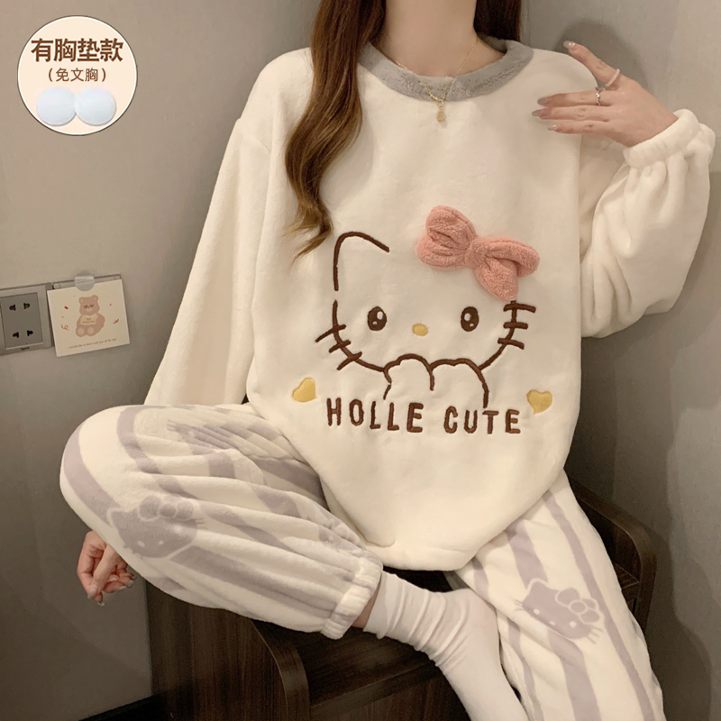 睡衣女款带胸垫加厚加绒珊瑚绒