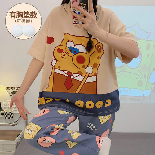 睡衣女夏天带胸垫纯棉卡通海绵宝