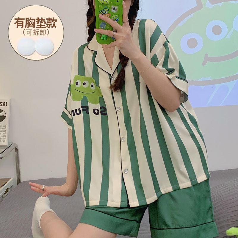 睡衣女冰丝条纹网红风短袖短裤两