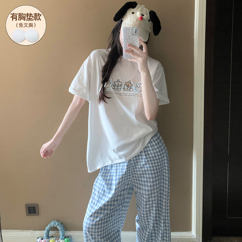 睡衣女带胸垫夏季纯棉短袖长裤2026新款可爱卡通薄款居家服可外穿