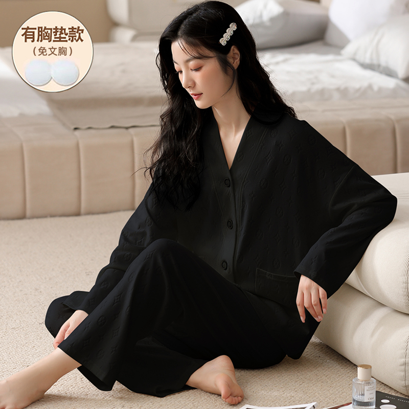 睡衣春秋款女士带胸垫纯棉黑色学生春夏天长袖大码薄款家居服套装