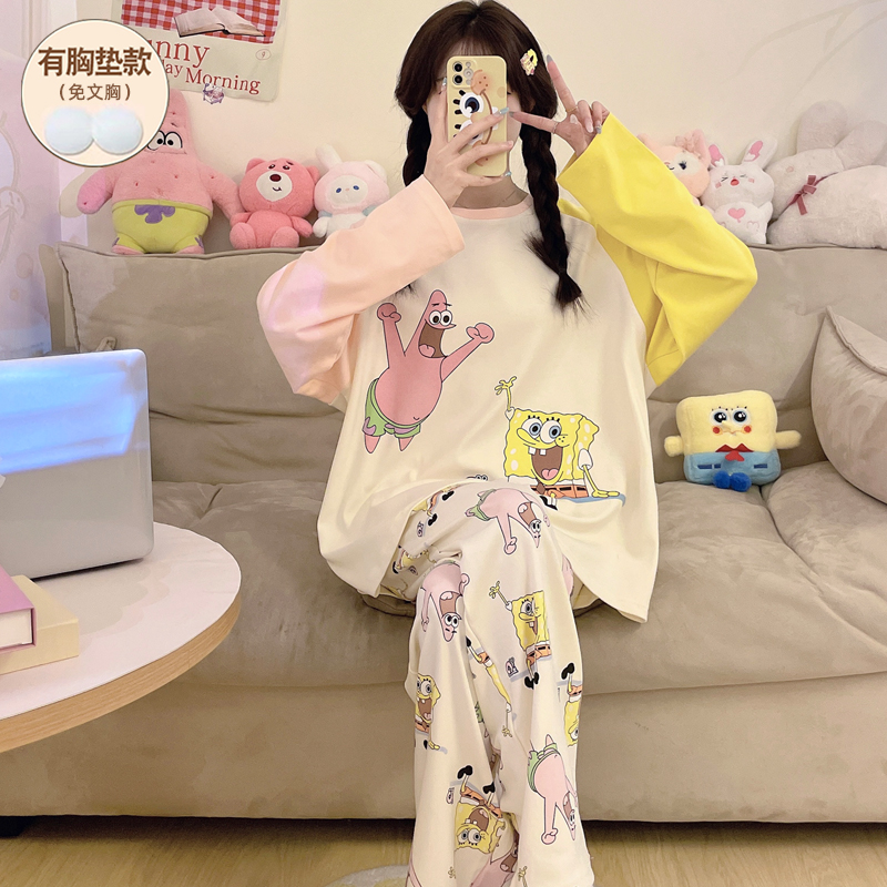 睡衣女春秋带胸垫一体纯棉长袖