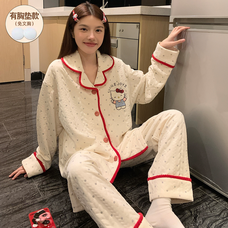 秋冬季睡衣女款空气棉夹层加厚