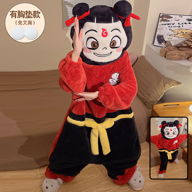 带胸垫连体睡衣女冬季珊瑚绒搞怪