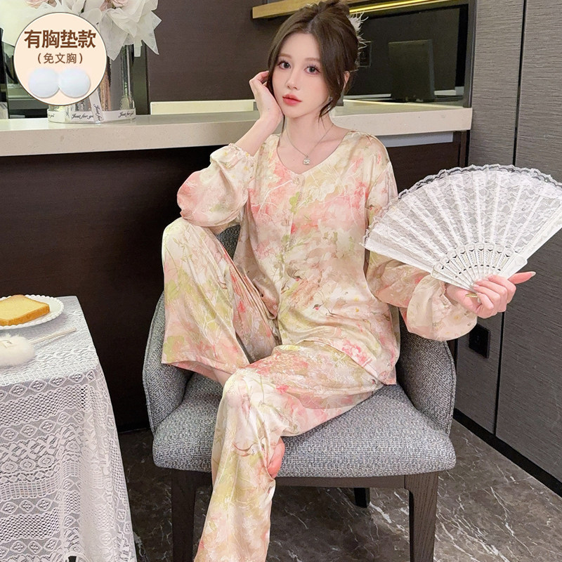 仿真丝绸冰丝睡衣女春夏季新中式带胸垫2026新款可外穿开衫家居服,女士内衣/男士内衣/家居服,睡衣/家居服套装,淘宝优惠券,粉丝福利购,淘宝优惠卷