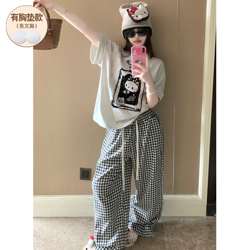 睡衣女款夏带胸垫纯棉短袖可外穿