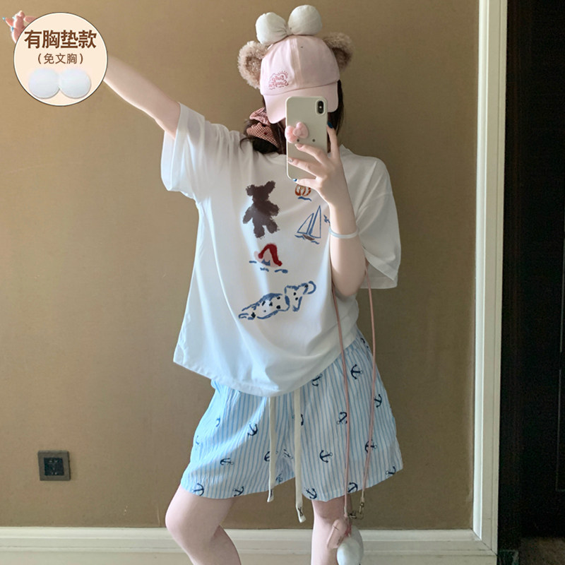 睡衣女款夏纯棉带胸垫短袖加大码2026新款可爱卡通少女可外穿套装