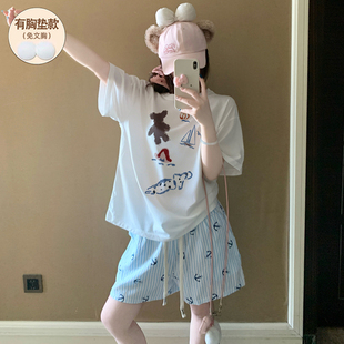 睡衣女款夏纯棉带胸垫短袖加大码2026新款可爱卡通少女可外穿套装