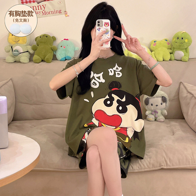纯棉睡衣女款夏带胸垫短袖薄款
