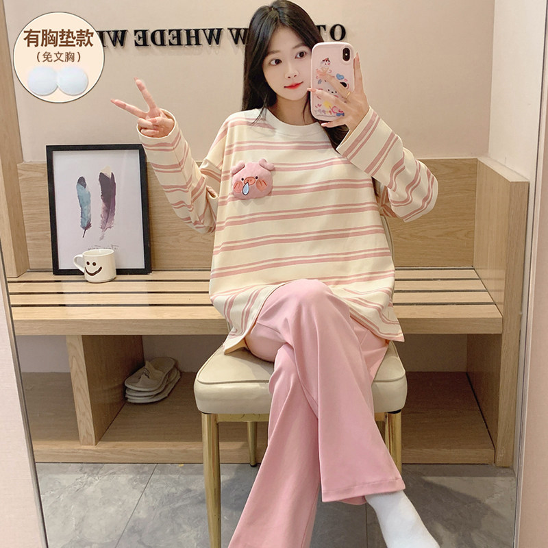 2024新款睡衣女春秋带胸垫纯棉长袖套装家居服可爱卡通学生ins风,女士内衣/男士内衣/家居服,睡衣/家居服套装,淘宝优惠券,粉丝福利购,淘宝优惠卷