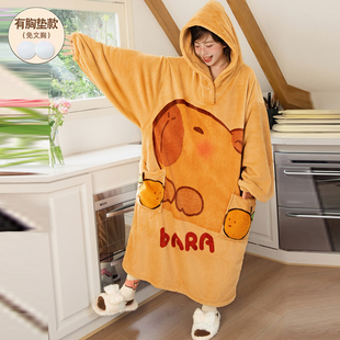 卡皮巴拉睡袍冬加厚女款睡裙加厚带胸垫长款到脚踝浴袍长袍可外穿