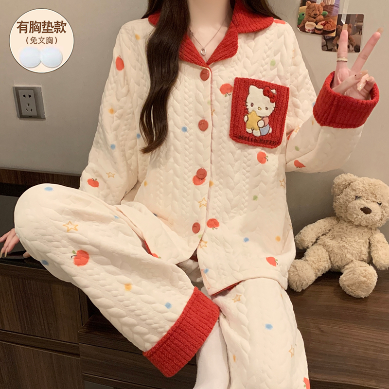 秋冬季睡衣女款带胸垫空气棉夹层