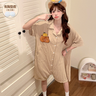 连体睡衣女款夏带胸垫短袖2026新款大码纯棉可外穿网红风少女套装