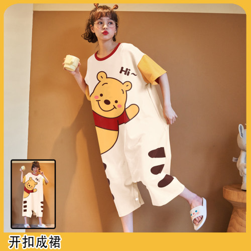 短袖连体睡衣女夏季纯棉大码卡通