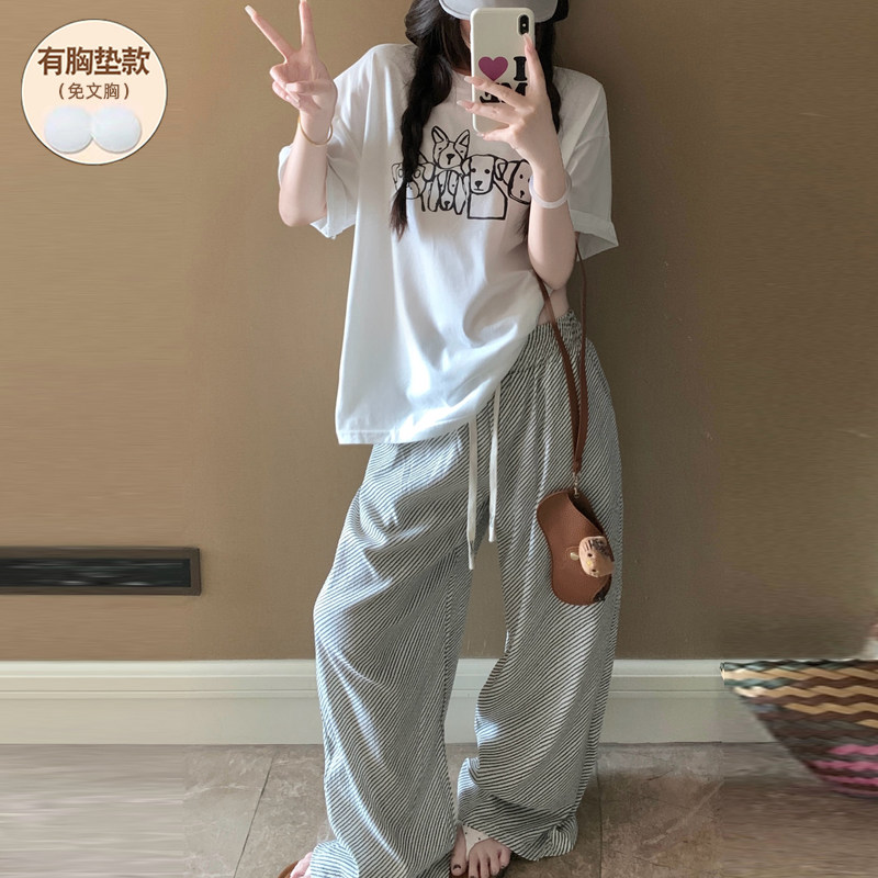 2025新款睡衣女款夏纯棉带胸垫短袖长裤薄款可外穿网红款套装大码