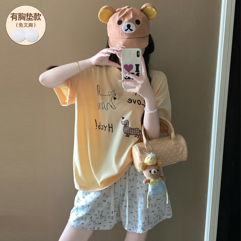 纯棉带胸垫睡衣女款夏短袖2026新款加大码可爱卡通薄款套装可外穿