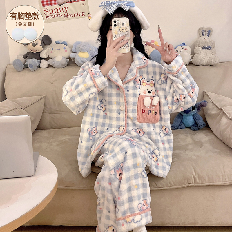 法兰绒冬季睡衣女款加绒加厚保暖