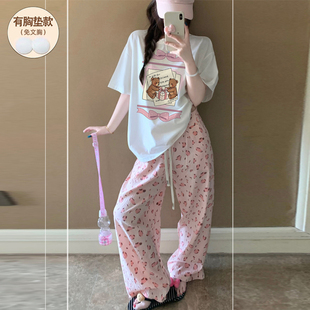 2026新款睡衣女款夏纯棉带胸垫短袖长裤可爱卡通薄款网红风家居服