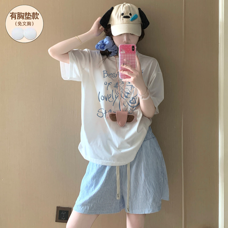 2026年新款纯棉睡衣女款夏带胸垫短袖加大码可爱卡通家居服可外穿