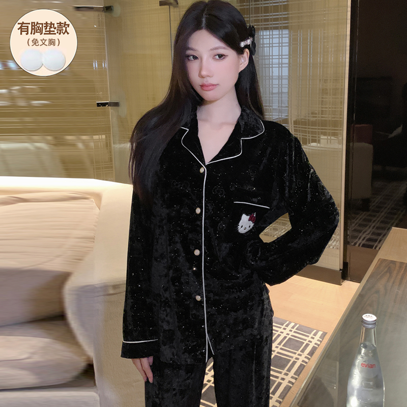 睡衣女款秋冬季带胸垫长袖钻石绒