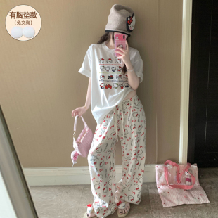 家居服薄款 可爱KT猫睡衣女款 长裤 夏带胸垫纯棉2025新款 可外穿 短袖
