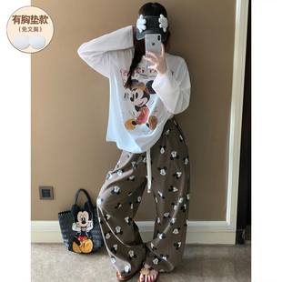 可爱米奇睡衣女带胸垫2026秋季新品长袖纯棉可外穿大码家居服女款