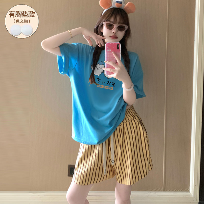 睡衣女款夏纯棉带胸垫短袖2026年新款加大码可爱卡通网红风居家服