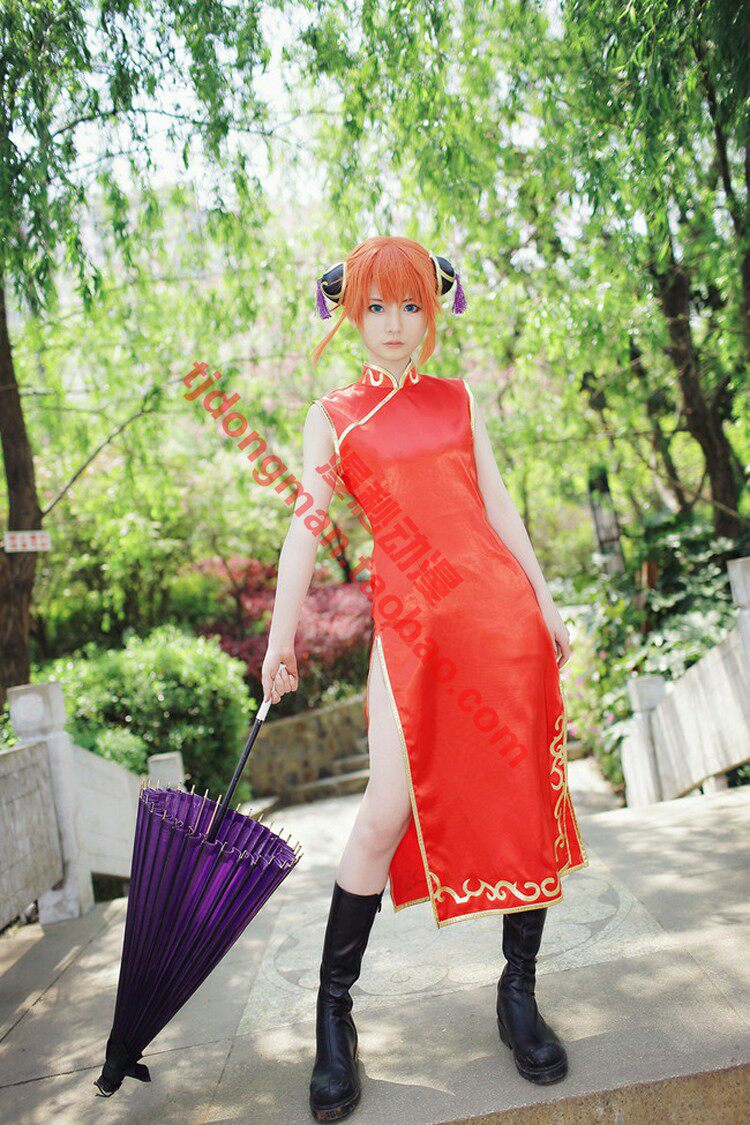 银魂 神乐 旗袍 cosplay定做 承接各种动漫服装假发定制