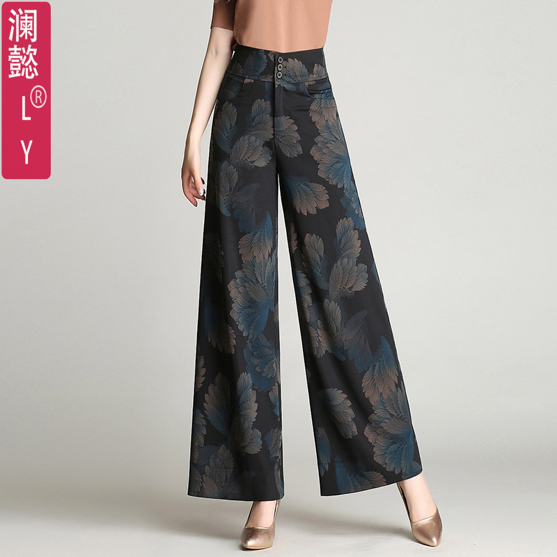 垂顺不打皱阔腿裤秋冬厚款裙裤休闲九分裤女式长裤印花裤子女裤