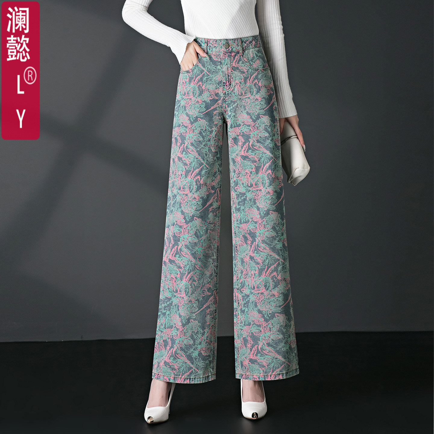 高腰印花牛仔裤弯刀裤窄版阔腿裤