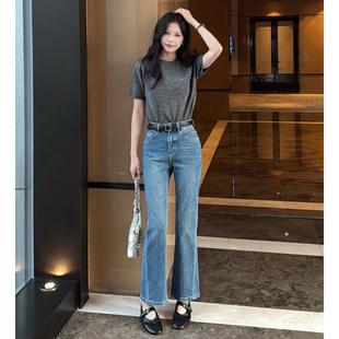 复古蓝色九分高腰微喇裤显瘦水洗牛仔裤女喇叭裤小个子不贴腿垂感