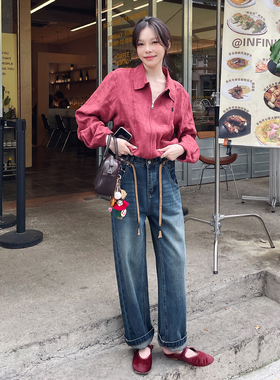 X-mier复古蓝牛仔裤女2025年春季新款高腰显瘦宽松直筒阔腿长裤子