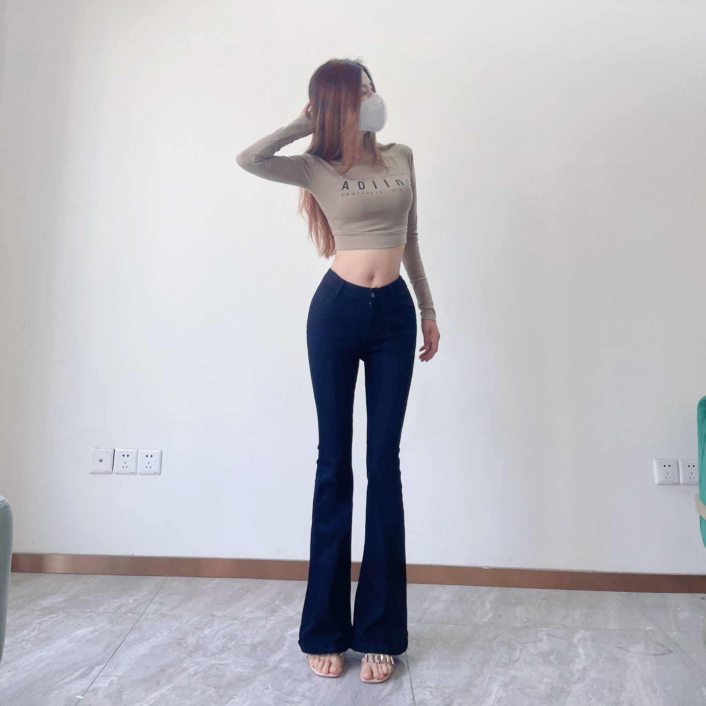性感风丰胯黑色中腰高弹喇叭裤女修身提臀做旧牛仔长裤显瘦蜜桃臀